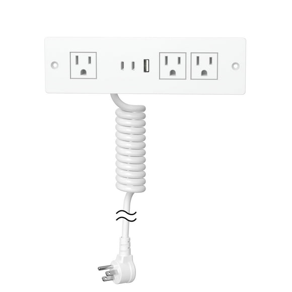 Furniture Drawer Outlet, Recessed Power Strip with (3) PD 20W USB Ports Fast Charging & (3) 15 Amp AC Outlets, (14 AWG) 5 FT White Spring Cord