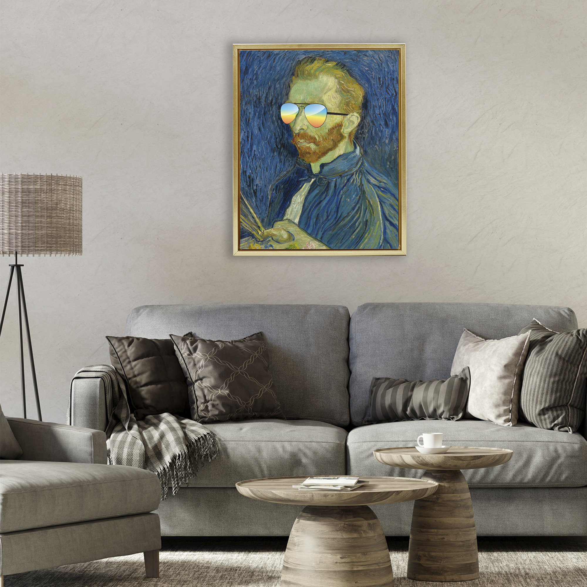 Funny Van Gogh Sunglasses Gold Framed Floater Canvas Wall Art, design by Masters Redux