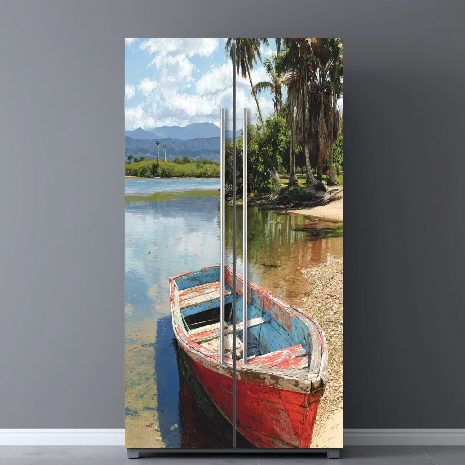 Self Adhesive Vinyl Refrigerator Wrap Set Old Fishing Boat Jacmel Haiti Door Mural Removable Fridge Sticker Peel and Stick&nbsp;Full Door Cover Decal Kitchen Bar Decor