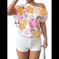 thumbnail image 1 of Blusa de Verano con Estampado Floral Fruncido y Hombros Descubiertos para Mujer. Color Naranja M, 1 of 10