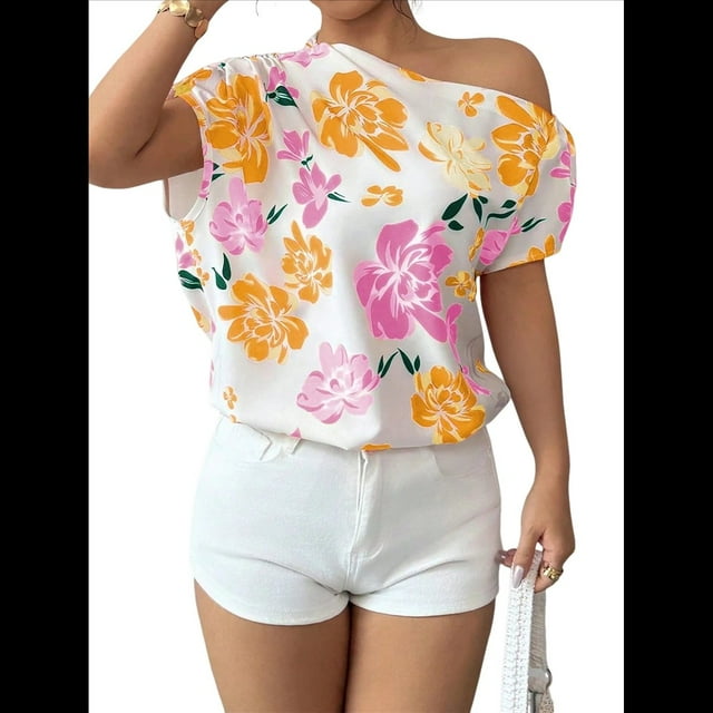 Blusa de Verano con Estampado Floral Fruncido y Hombros Descubiertos para Mujer. Color Naranja M