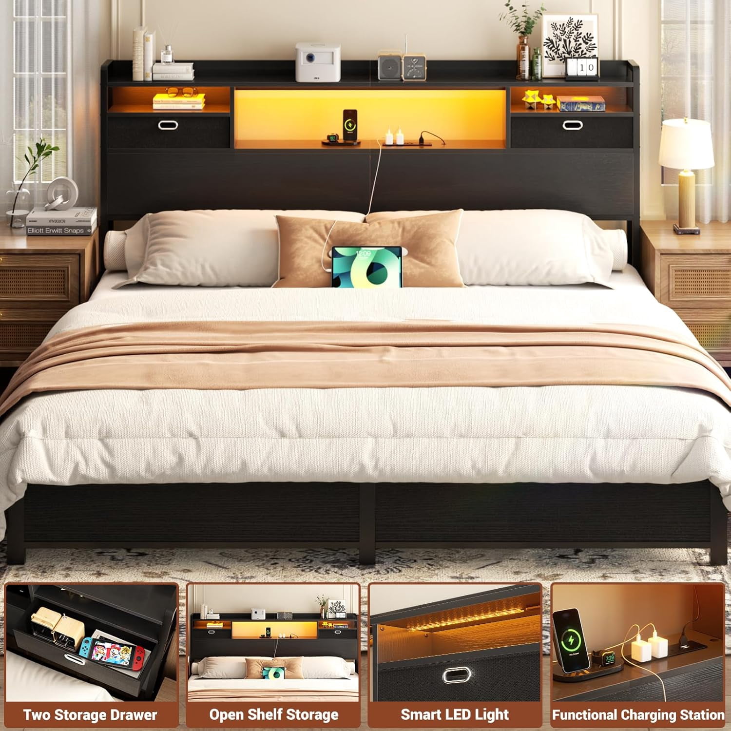 Homieasy King Headboard with Drawer Storage and LED Light, Wood Headboard for King Size Bed with Power Outlet and Bookcase, Sturdy Head Board for Bedroom, Dorm Room, Guest Room, Black