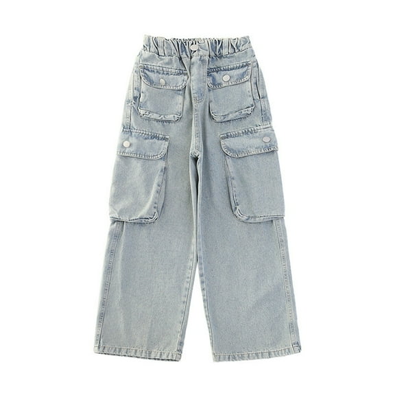 Girls' Cargo Jeans with Flap Pocket, Wide Leg and Split Hem Boyfriend Denim Pants 4-16 Years