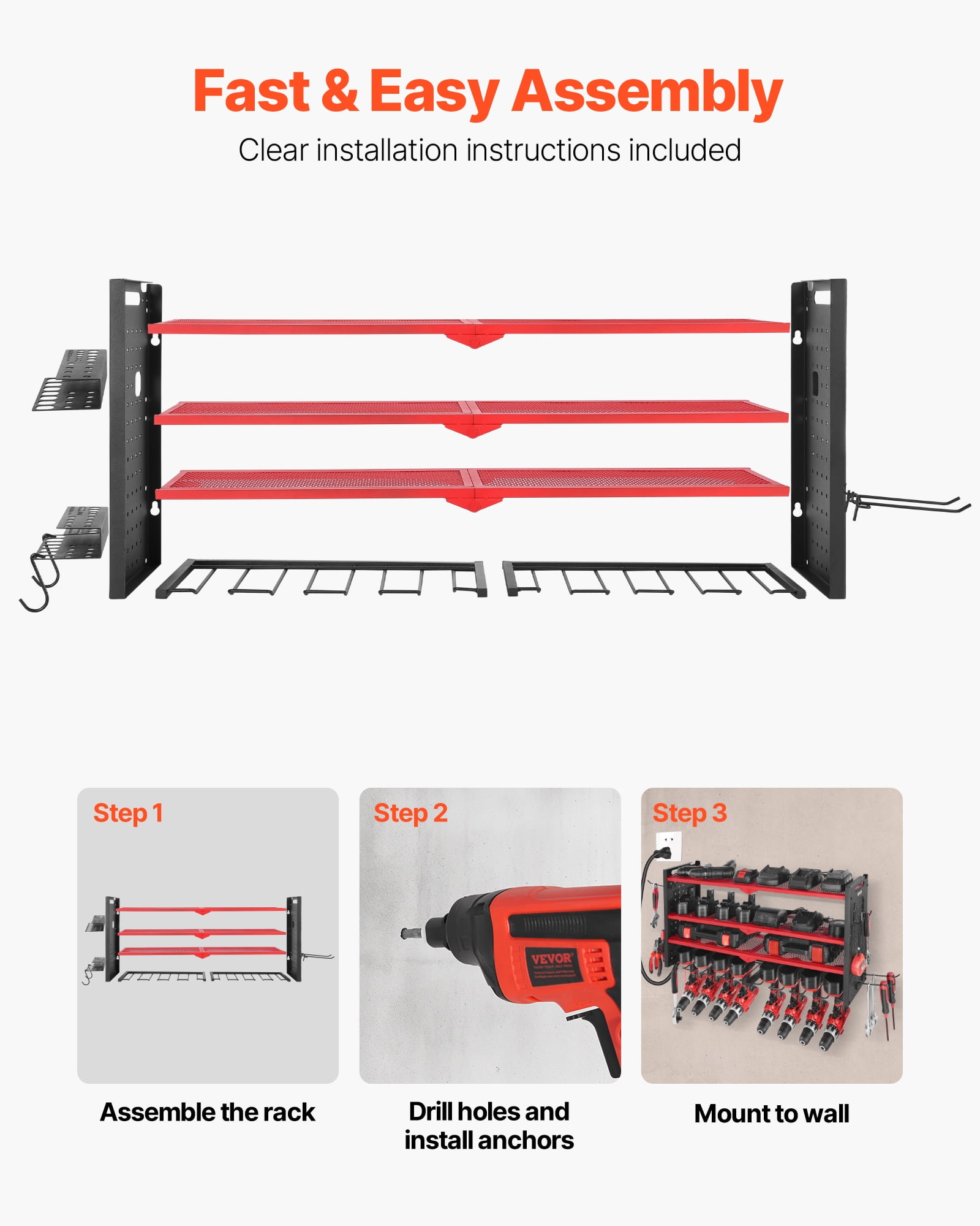 VEVOR Power Tool Organizer Wall Mount, 4-Layer Storage Rack with 8 Drill Holders, Tools Holder and Storage Rack with Side Pegboards, Garage Tool Organizer for Garage, Workbench, and Workshop