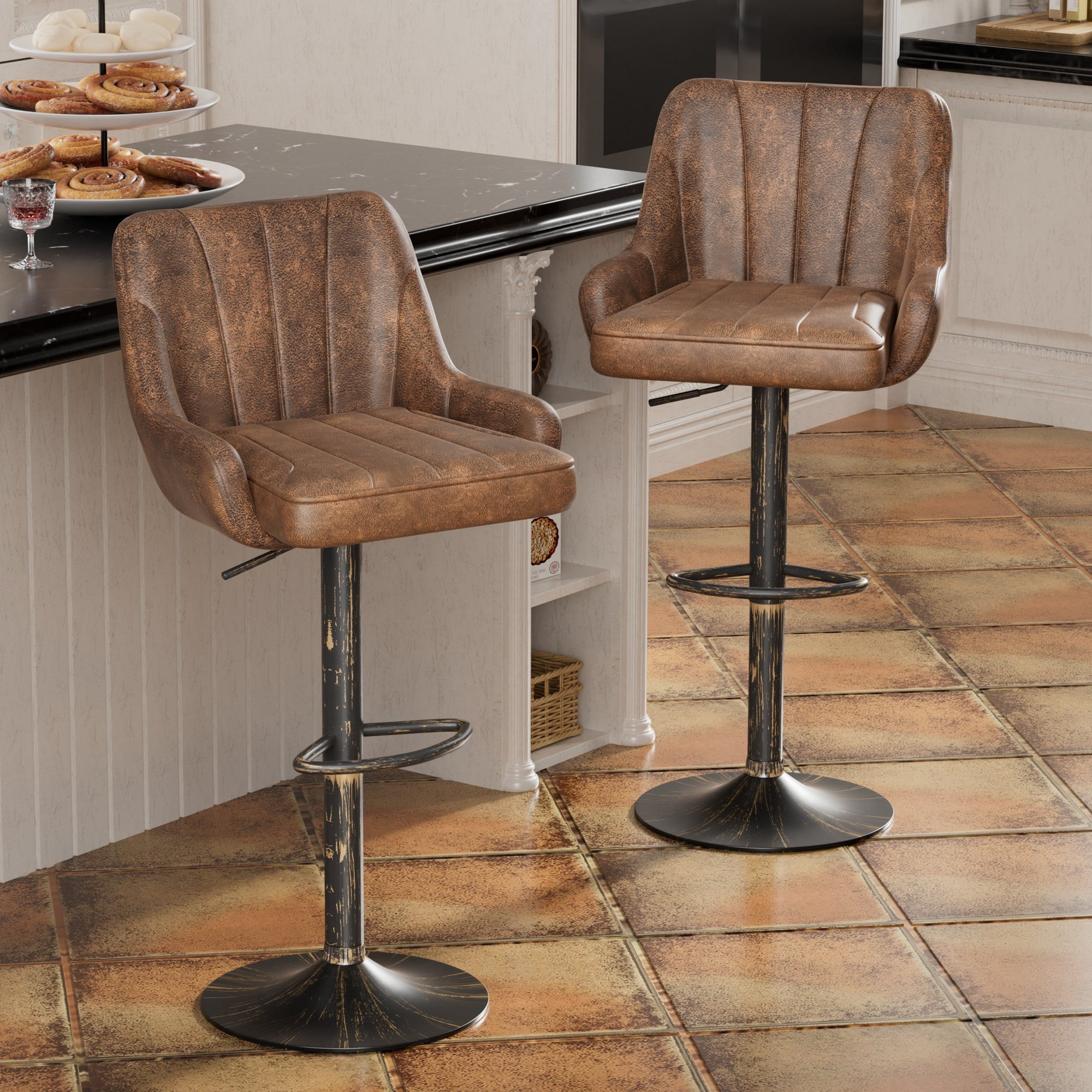VECELO Set of 2 Swivel Bar Stools, Adjustable Counter Height Barstools Faux Leather Chair with Backrest and Armrest, Dark Brown