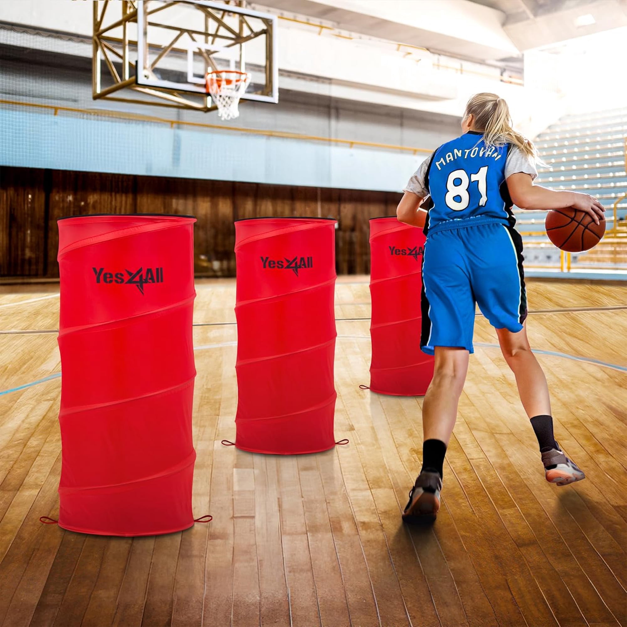 Yes4All Red Pop Up Defender, 3-Pack Basketball Youth Training Equipment, Portable Football Soccer Basketball Drill Defender