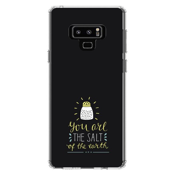 DistinctInk Clear Shockproof Hybrid Case for Samsung Galaxy Note 9 - TPU Bumper, Acrylic Back, Tempered Glass Screen Protector - You Are the Salt of the Earth - Black Yellow