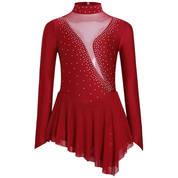MSemis Kids Girls Rhinestone Figure Ice Skating Dress Long Sleeve Irregular Hem Ballet Leotard Dress Performance Dancewear Burgundy 6