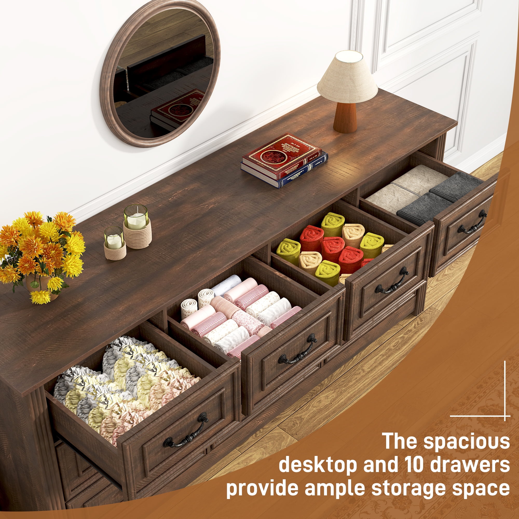 ChVans Farmhouse 10 Drawers Dresser for Bedroom, 63'' Wide Wood Rustic Chest of Drawers with Natural Texture, Vintage Design, Large Storage Dressers Organizer for Living Room, Hallway