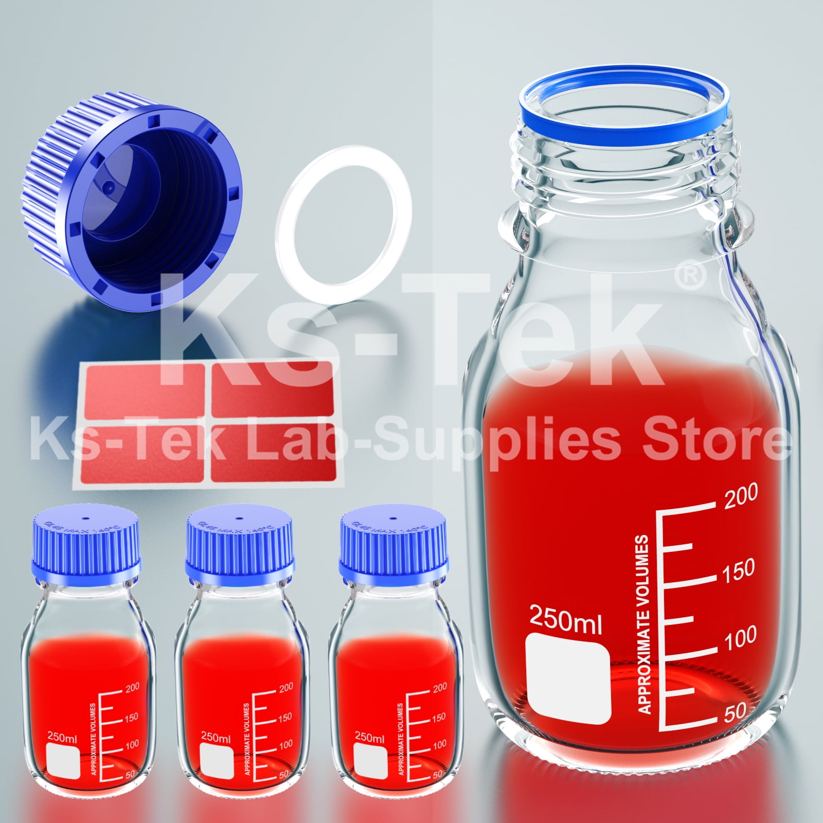 Clear Glass Graduated Reagent Bottles with Screw Caps and Drip