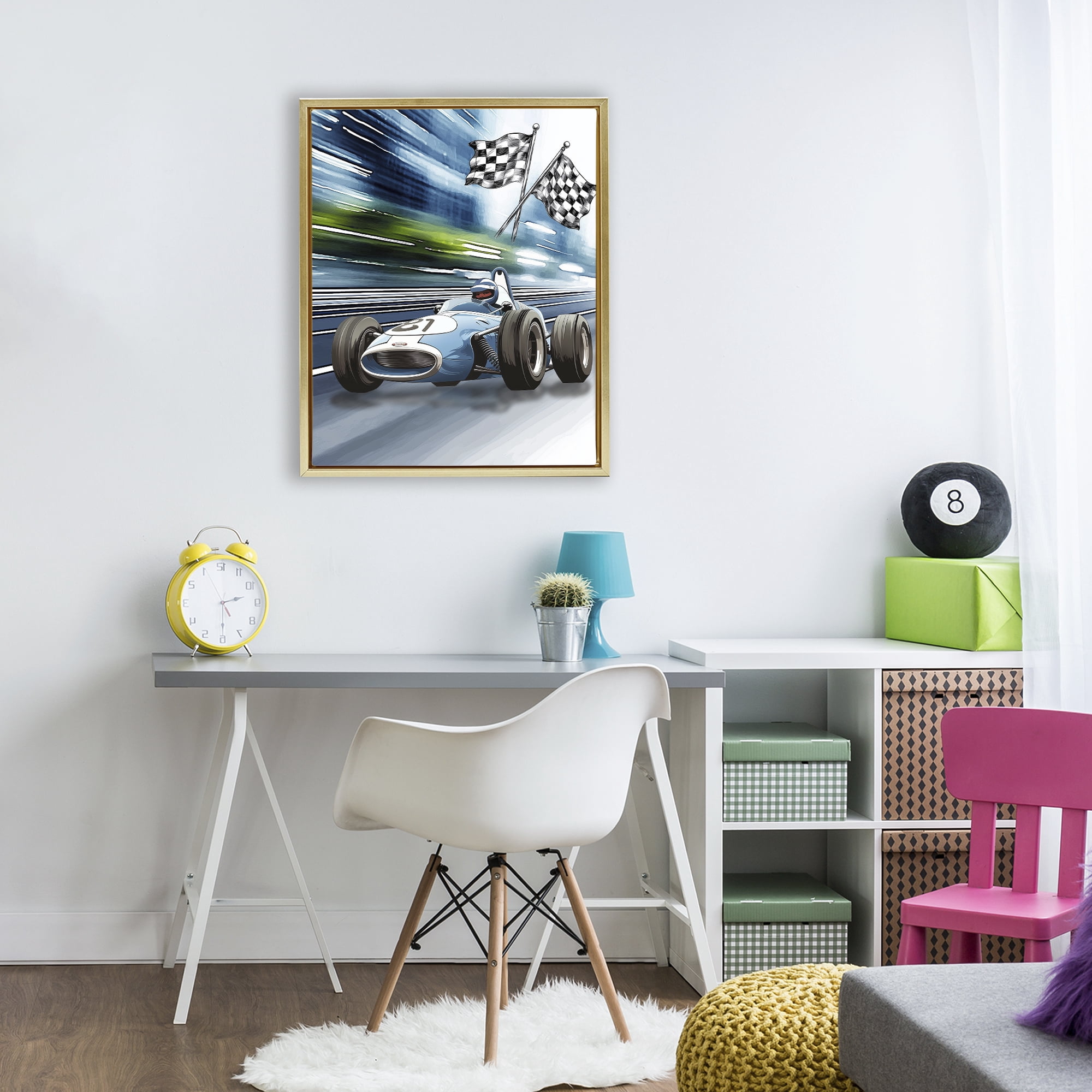 Stupell Industries Speedy Racecar with Flags Gold Framed Floater Canvas Wall Art, design by Christine Simpson Art