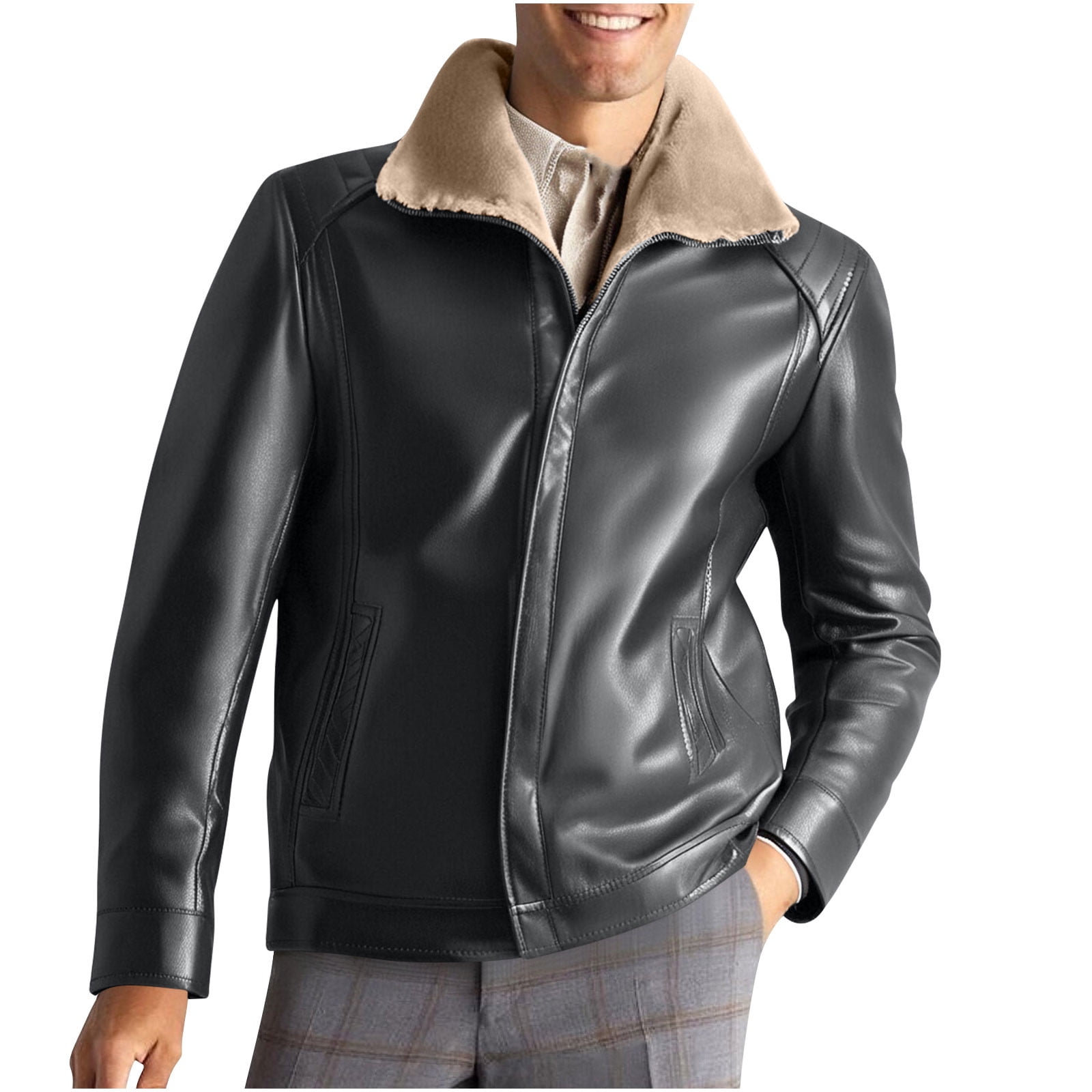LWITHSZG Faux Leather Jacket Men Motorcycle Trendy Winter Coats Long Sleeve Going Out Tops Thickened Warm Fleece Lined Casual Outerwear with Pockets