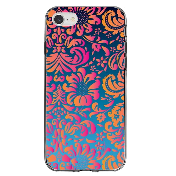 DistinctInk Clear Shockproof Hybrid Case for iPhone 7 8 SE (2020 Model) 4.7" Screen TPU Bumper Acrylic Back Tempered Glass Screen Protector - Pink Orange Blue Flower Floral