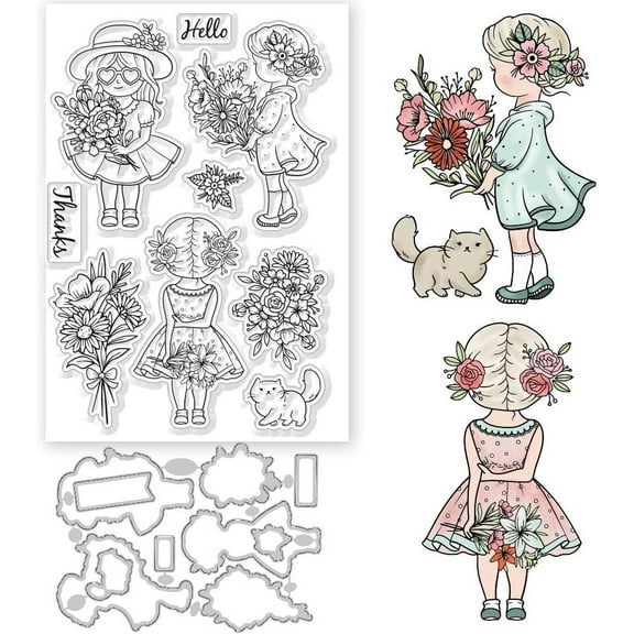 Flower Bouquet and Lady Clear Stamps and Metal Cutting Dies Set