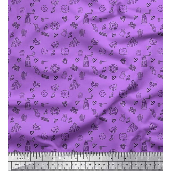 Soimoi Purple Cotton Voile Fabric Heart & Coffee Beans Clip Art Print Sewing Fabric Yard 56 Inch Wide
