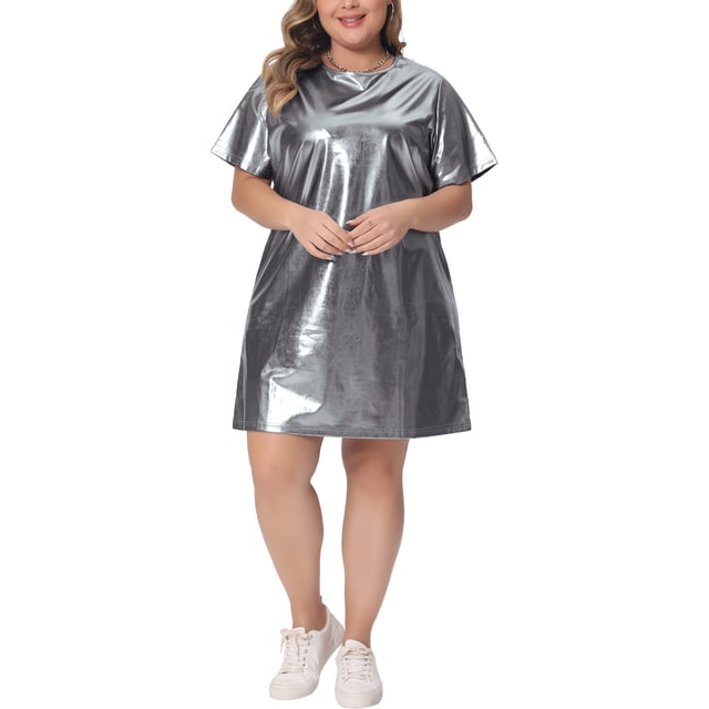 GRACE & GRANDEUR Robe Grande Taille pour Femmes Col Rond Métallique Manches Courtes Soirée Clubwear Robe T-Shirt Ample 1X Argent