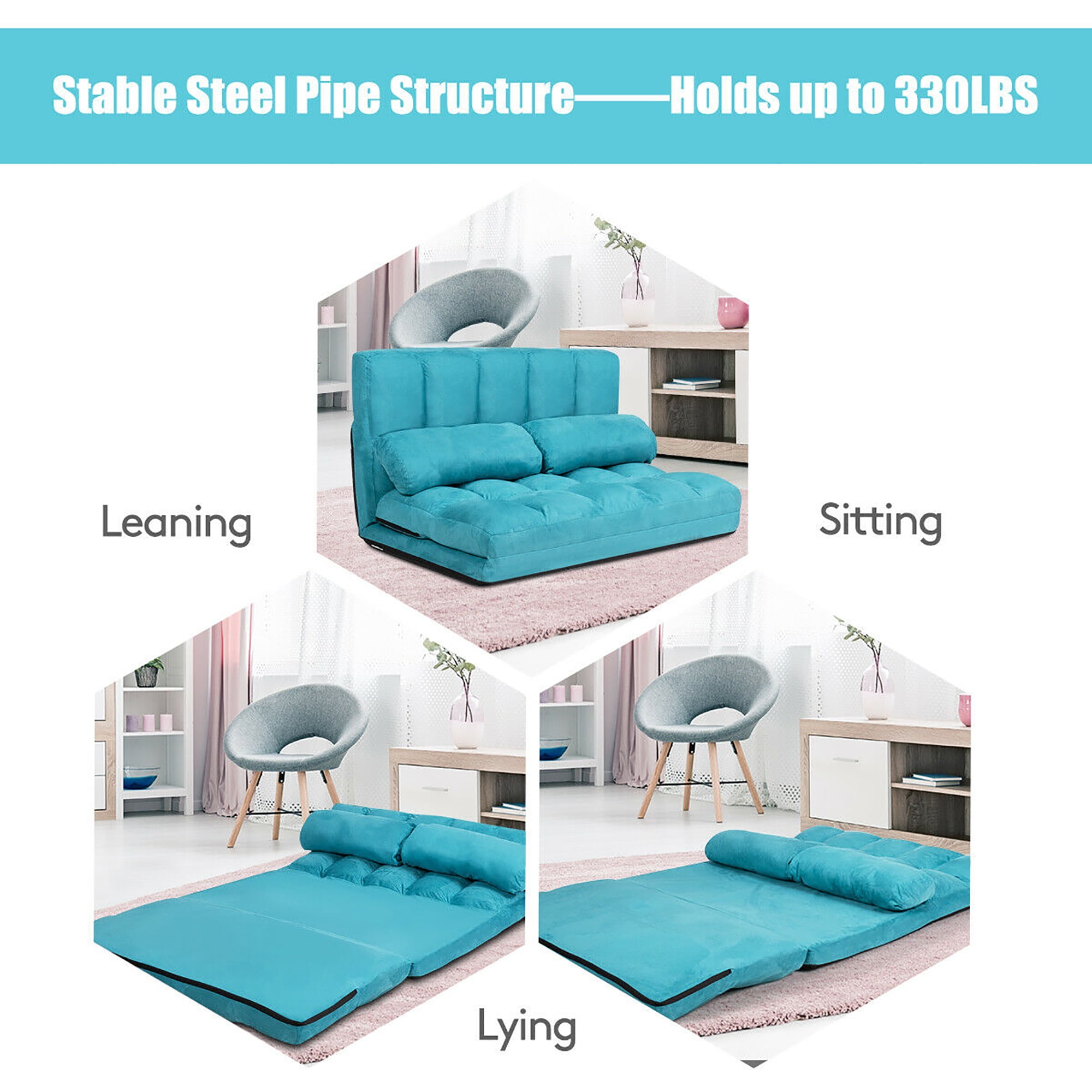 Costway Foldable Floor Sofa Bed 6-Position Adjustable Lounge Couch with 2 Pillows Blue