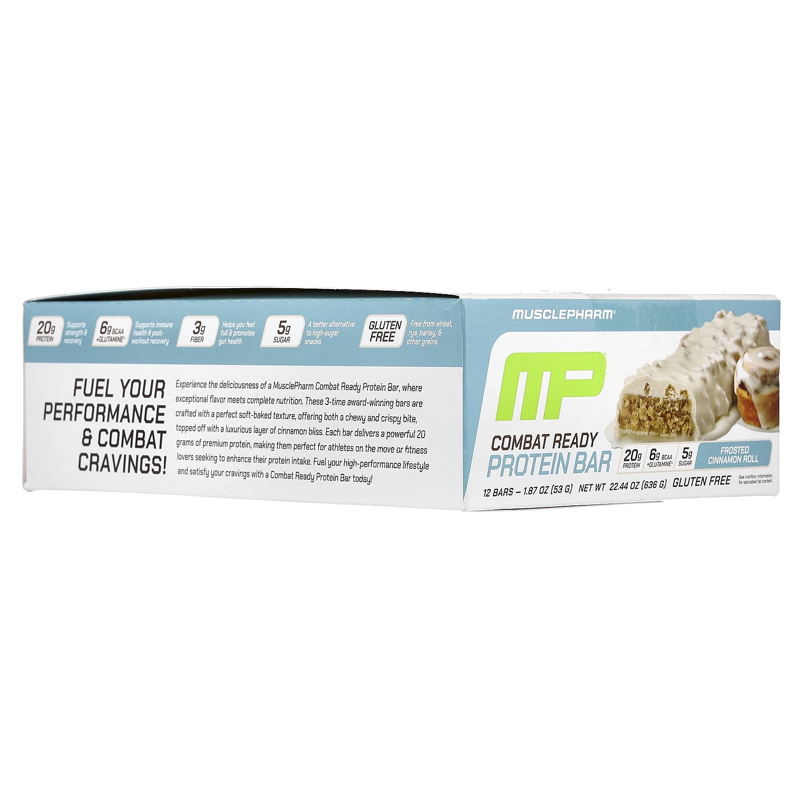 MusclePharm Combat Ready Protein Bars, Cinnamon Roll Flavor High Protein Bars, Combat Cravings, Fuel Performance & Meet Energy Demands, 20g Protein from Whey Protein, 3g Fiber, Gluten Free, 12 Bars