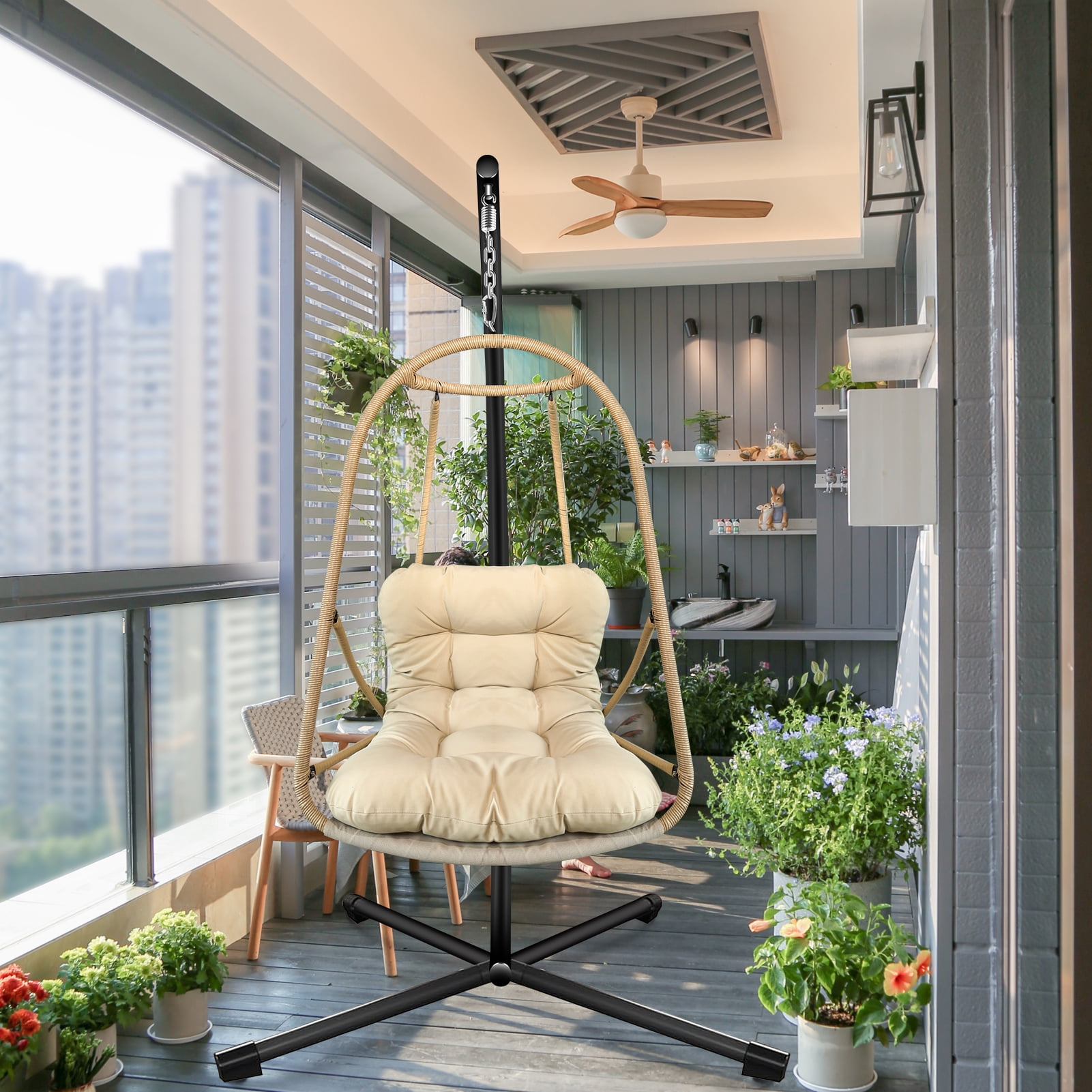 Swing Egg Chair with Stand, Wicker Rattan Hanging Chair with Cushion Pillow for Indoor Outdoor Patio Garden Balcony, Beige Brown