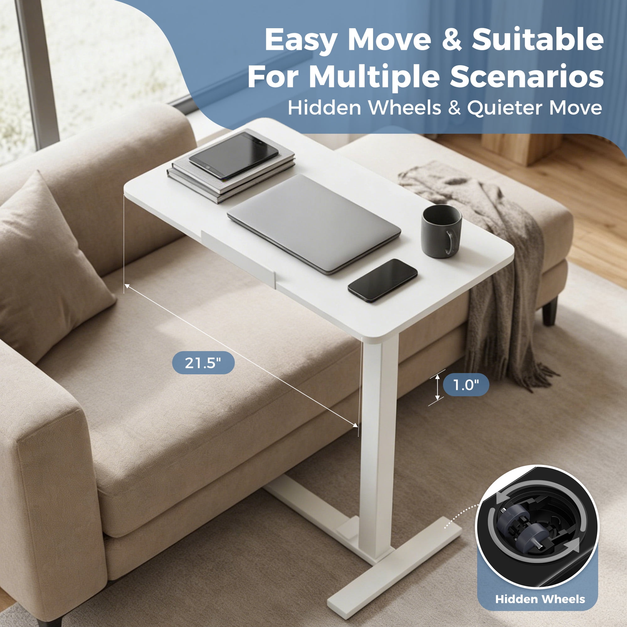 EDX Adjustable Overbed Table with Wheels, Rolling Laptop Bed Desk for Home Hospital Use, Height & Tilt Adjustable Mobile Table for Eating, Working, Reading， White