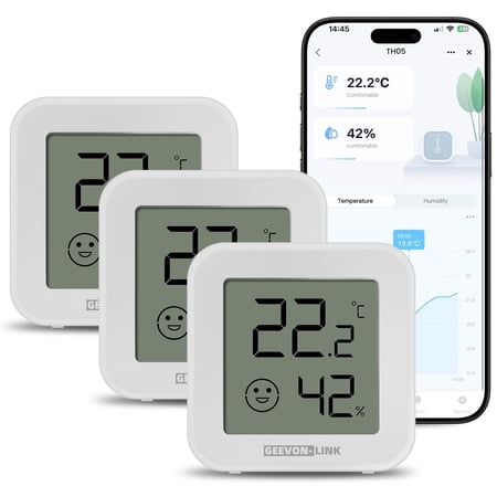 Geevon Bluetooth Thermometer Hygrometer Indoor Temperature Humidity Sensor with HD Display App Notification Alert Historical Data Storage and Export(3 Pack )