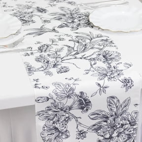 Balsa Circle 12" x 108" White with Black Floral French Toile Polyester Table Top Runner Wedding Party Decor