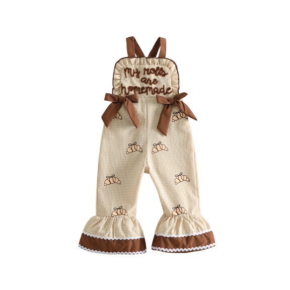Cjfdfy Toddler Baby Girl Thanksgiving Outfit My Rolls Are Homemade Fall Clothes Infant Baby Girls Romper Overalls Cute Letters Bread Embroidery Sleeveless Bell Bottom Plaid Jumpsuit Flare Pants