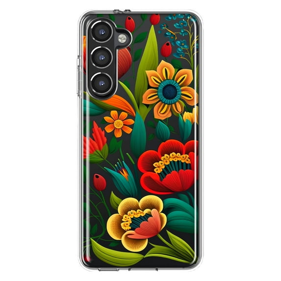 MUNDAZE Samsung Galaxy S23 Plus Shockproof Clear Hybrid Protective Phone Case Colorful Red Orange Folk Style Floral Spring Flowers Cover