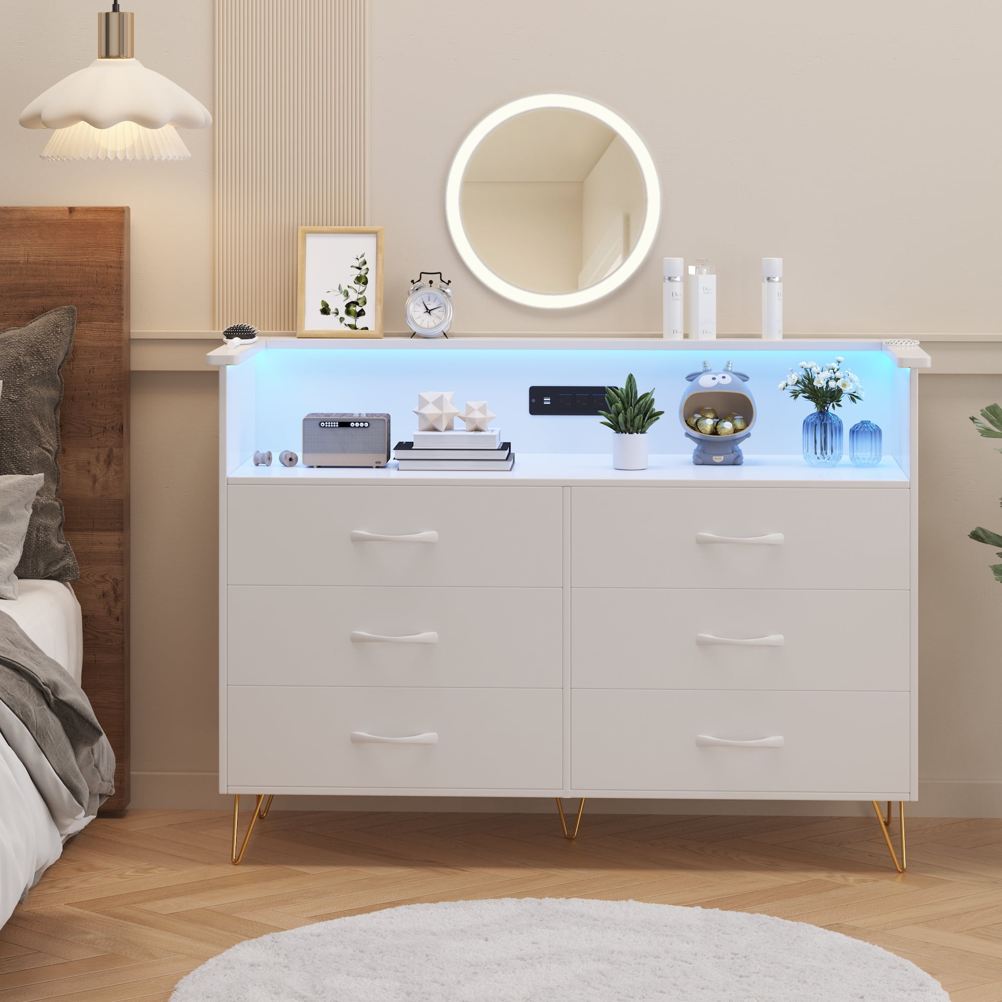 Homhougo Dresser for Bedroom 6 Drawer White with LED Light & Charging Station, Wooden Dressers and Chests of Drawers with 2-Tier Open Shelves, Wide Dresser Organizer for Living Room Hallway Entryway