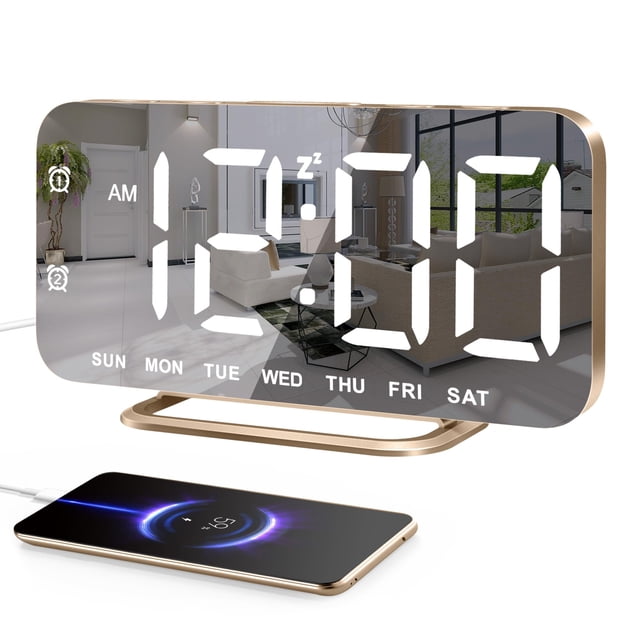 Reloj Despertador Digital LED Delgado JALL con Superficie Espejo Dorado