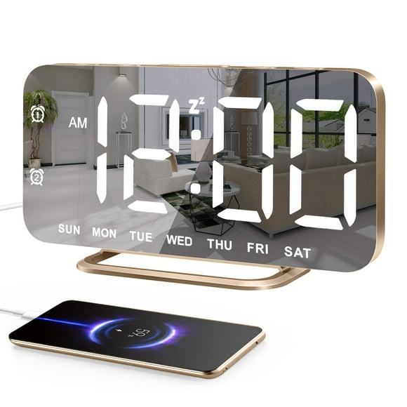 Reloj Despertador Digital LED Delgado JALL con Superficie Espejo Dorado