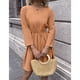thumbnail image 2 of Vestido de manga larga con cuello redondo Fibra de poliéster Cintura alta con cinturón Vestido midi de color puro para boda Naranja XL, 2 of 7