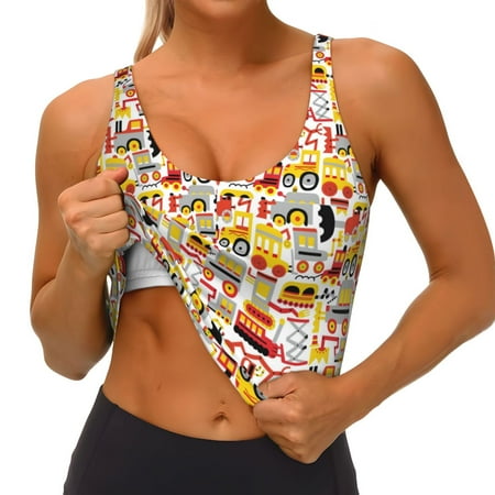 Qokaie Excavator (2) Pattern Womens Scoop Neck Sports Bra Breathable Workout Vest Padded U Back Medium Impact Fitness Gym Yoga Bra Workout Crop Top