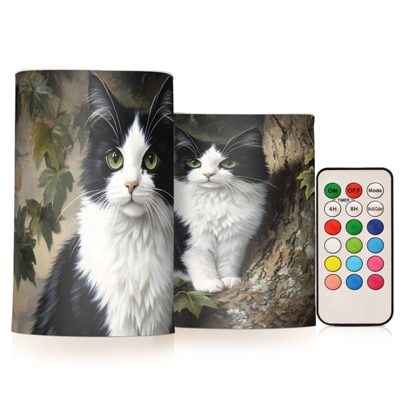Black and White Cat Flickering Flameless Candles Battery Operated with Remote Timer LED Pillar Candles Set of 2