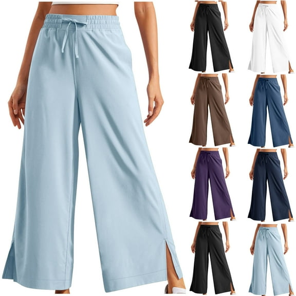 Olyvenn Lightweight Wide Leg Cropped Pants for Women High Waisted Loose Casual Lounge Travel Work Pants with Pockets Spring Fashion Summer Blue 4