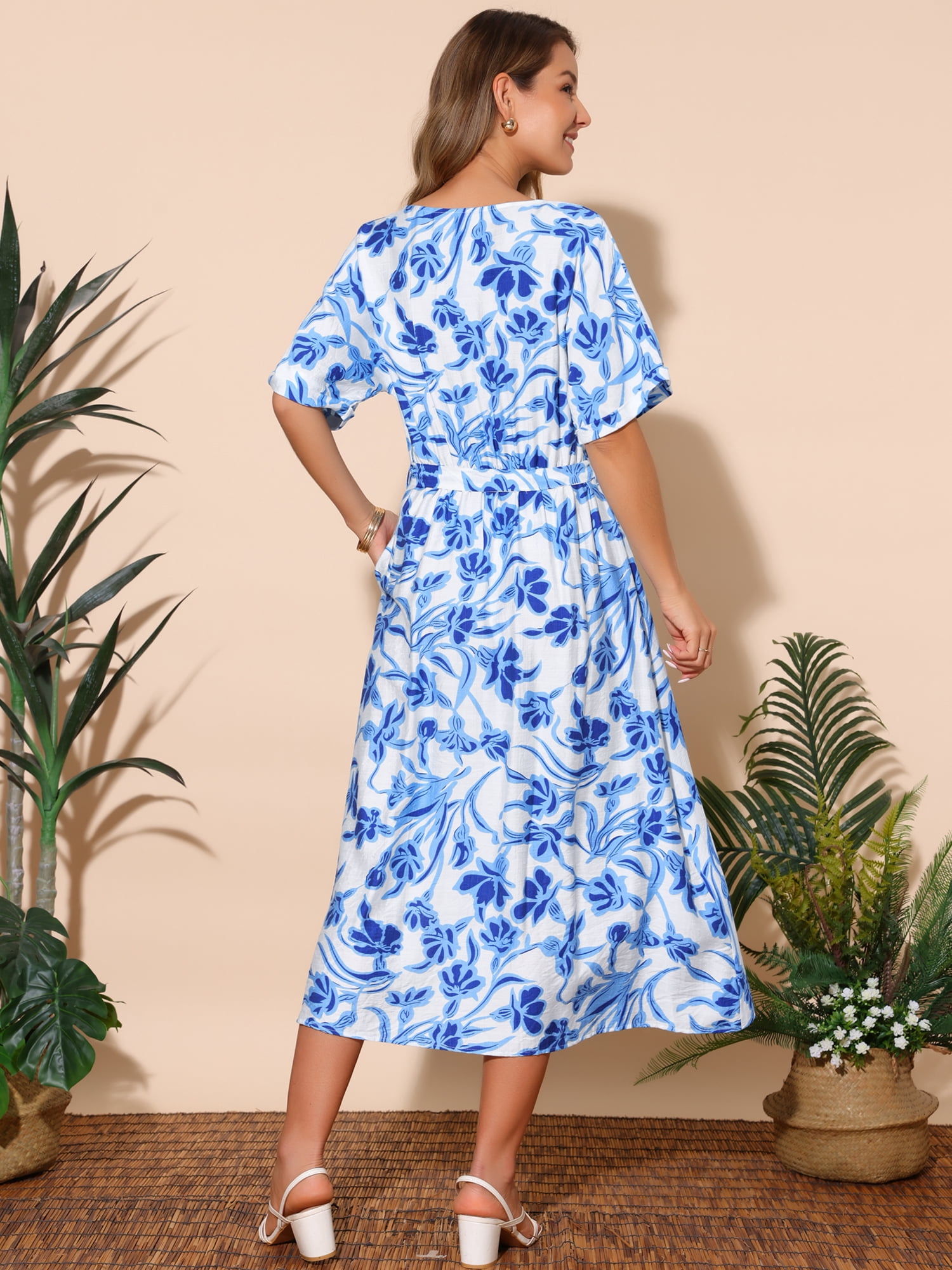 DARING DIVA Loose Boho V Neck Short Sleeve Tie Waist Floral Maxi Dress XL Blue