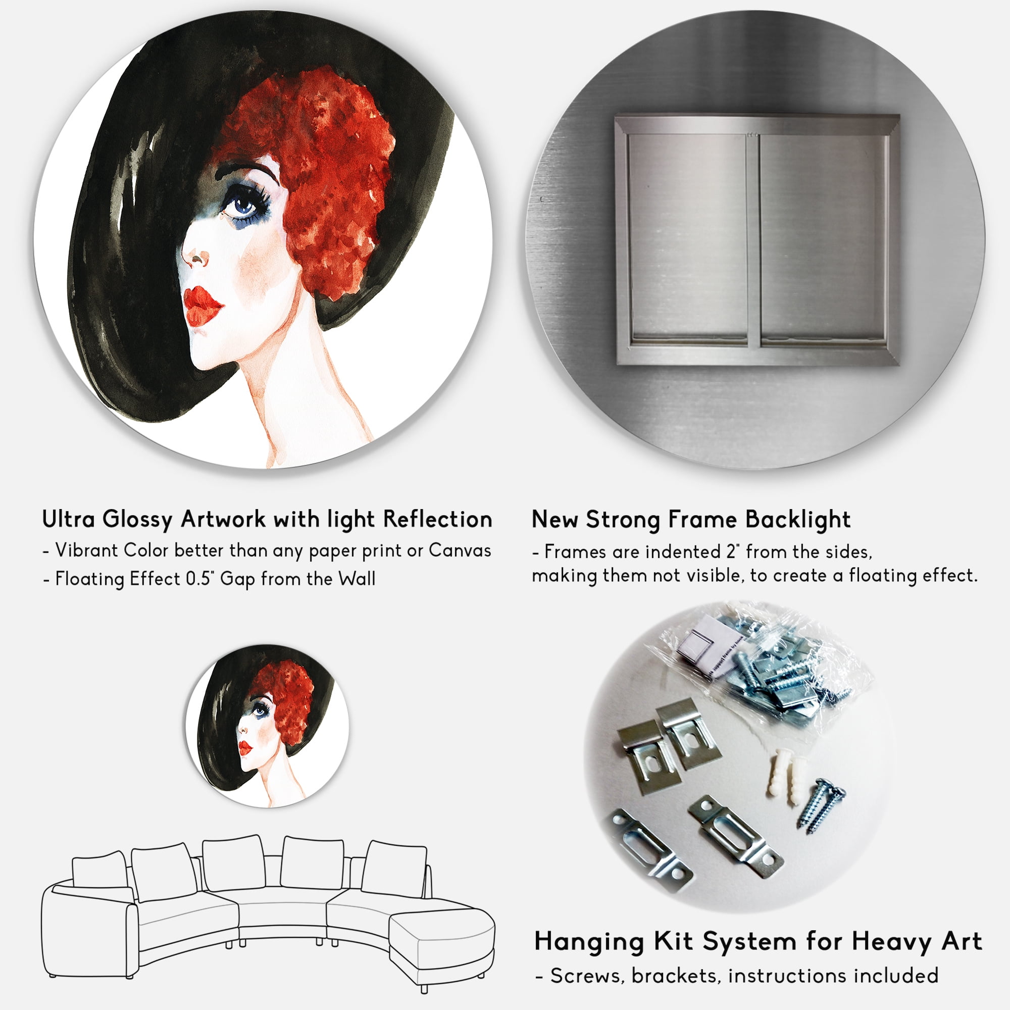 Designart 'Portrait of Woman Red Head Lady In Hat' Modern Circle Metal Wall Art 11x11 - Disc of 11