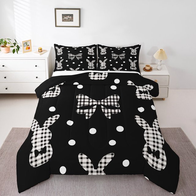Erosebridal Wildlife Rabbit Comforter Sets Queen Size,Bowknot Geometric Buffalo Bedding Queen Comforter Set,Easter Decor,Reversible,Ultra Soft,3 Pieces