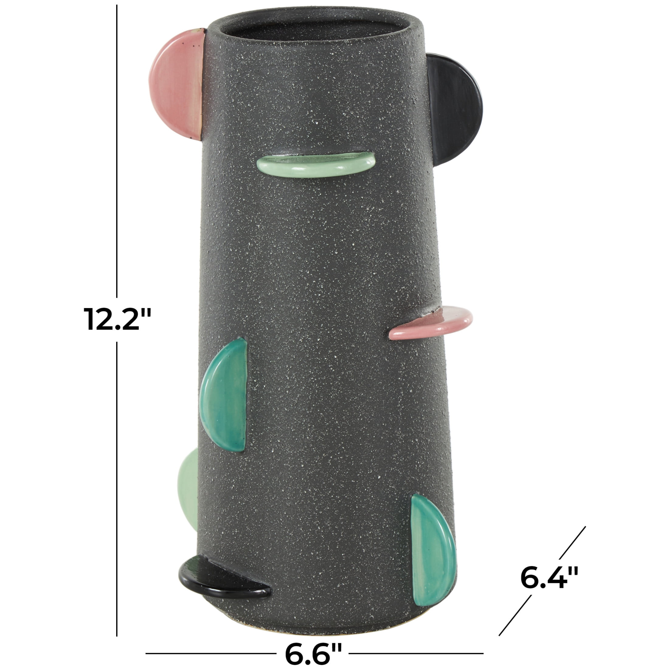 DecMode 12" Textured Black Ceramic Vase with Multicolor Half-Moon Accents