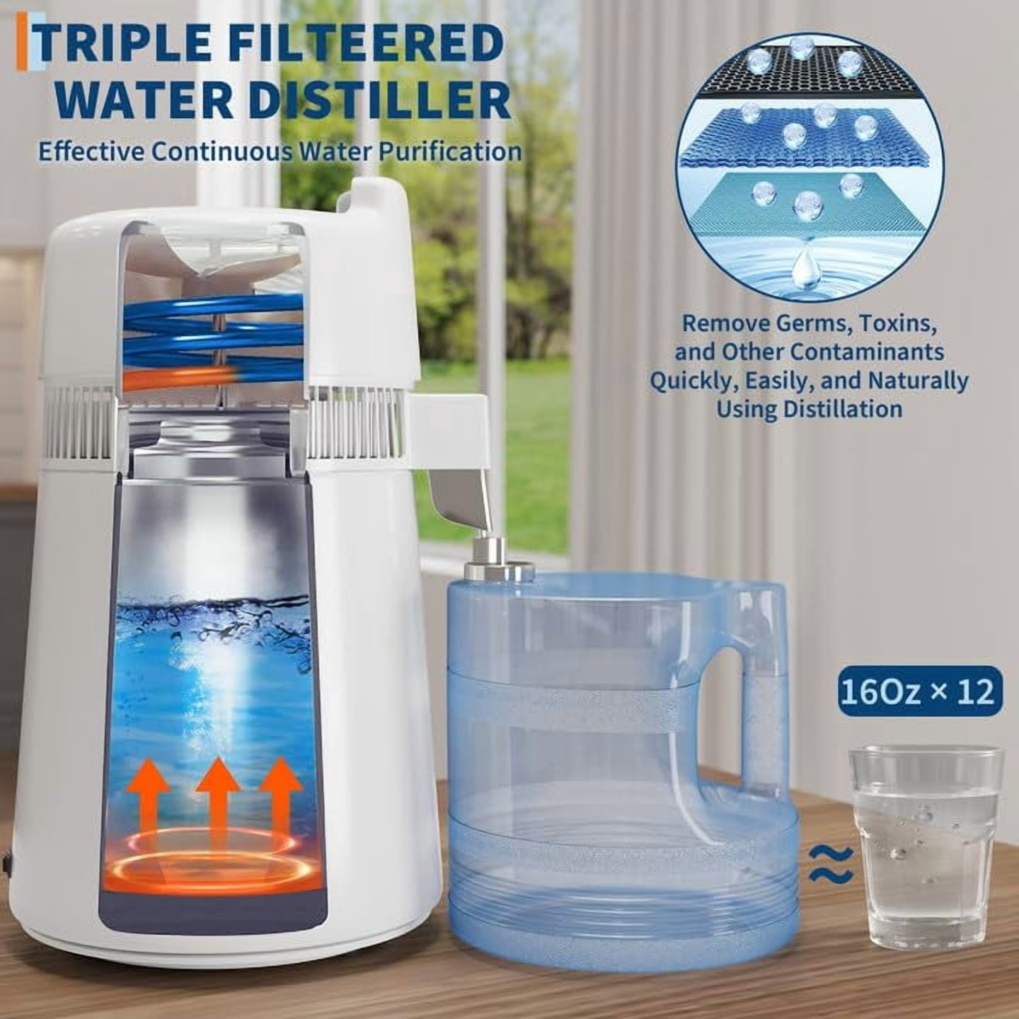 EastVita 1.5Gal/6L Stainless Steel Home Countertop Water Distiller with Glass Container, 750W Desktop Drinking Purifier Filter Distilling Kit