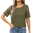 thumbnail image 2 of HVOBTTY Women's Summer Fashion Comfy Solid Color Short Sleeve Round Neck Mesh Patchwork Slim Soft Breathable Classic Sport Tee Shirt Army Green, L, 2 of 4