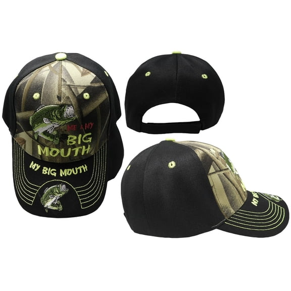 Me & My Big Mouth Fishing Bass Camo Black Bill Embroidered Cap Hat