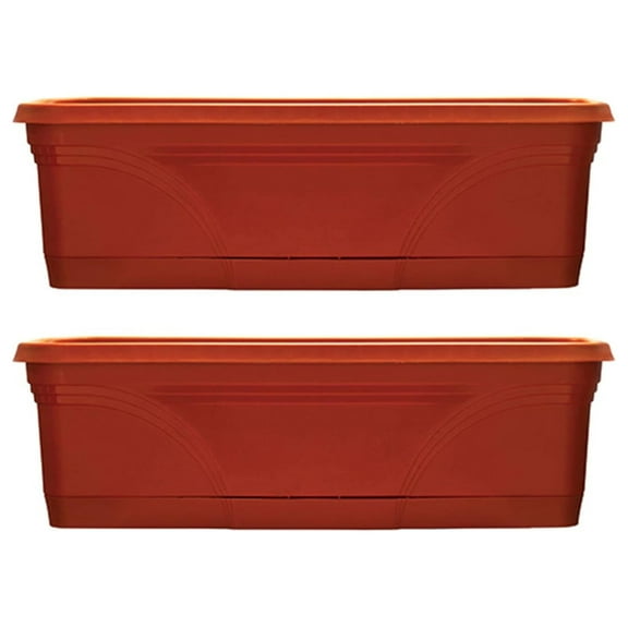 36 Inch Rectangular Plastic Medallion Hanging Windowsill and Garden Box Planters with Drainage Holes, Terracotta (2 Pack)