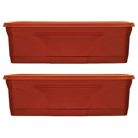 36 Inch Rectangular Plastic Medallion Hanging Windowsill and Garden Box Planters with Drainage Holes Terracotta (2 Pack)