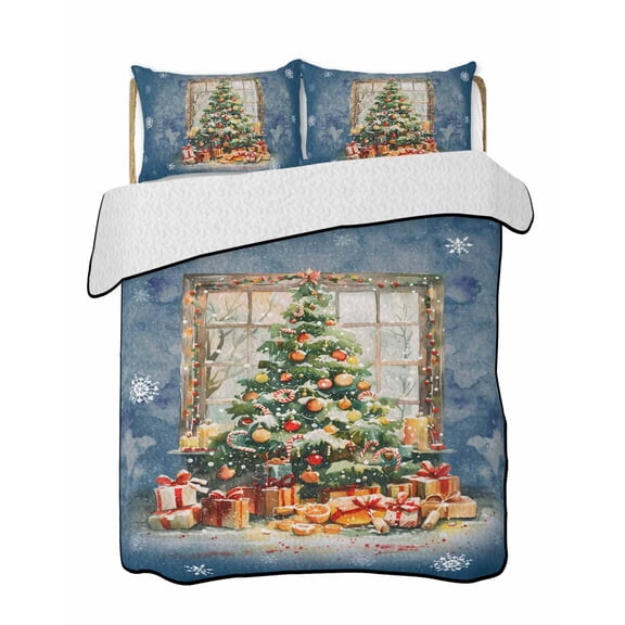 Quilts Queen Size Bedding Set, Blue Christmas Tree Lightweight Quilted Comforter, Watercolor Xmas Snowflake Soft Reversible Bedspread Coverlet with Pillow Covers for All Season, 90" x 96"