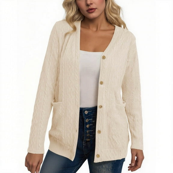TKLPEHG Button Up Jacket for Women Long Sleeve Comfy Knit Sweater Solid Color Casual Jacket Sweater Coats with Pockets (Beige,XXL)