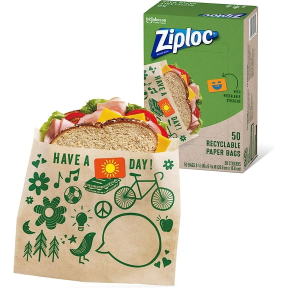 Ziploc Paper Sandwich & Snack Bags Recyclable & Sealable with Resealable Stickers Fun Designs 50 Count *EN