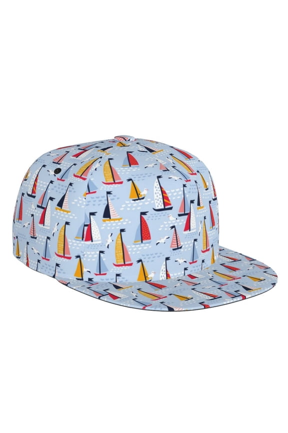 Flat Bill Trucker Hats for Women Men - Sailboats And Seagulls Adjustable Flat Baseball Cap Snapback Hats Dad Hats for Men