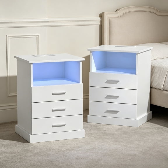 Conate Nightstand Set of 2, LED Nightstands with Charging Station, End Table Besides Table with 3 Drawers & Open Storage for Bedroom Living Room