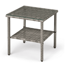 IVV 17.52" Outdoor Rattan Side Table, 2-Tier Square Wicker End Table with Tempered Glass Top and Storage Shelf for Deck, Porch, Balcony, Garden (Gray)